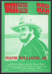 ##MUSICBP1233 - Hank Williams Jr. OTTO Cloth Backstage Radio Pass from the 1984 Concert at the Greenwood Civic Center in South Carolina