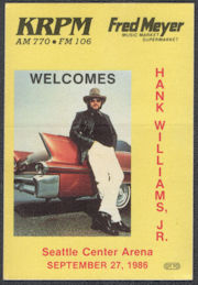 ##MUSICBP1226 - Hank Williams Jr. OTTO Cloth Backstage Radio Pass from the 1986 Concert at Seattle Center Arena