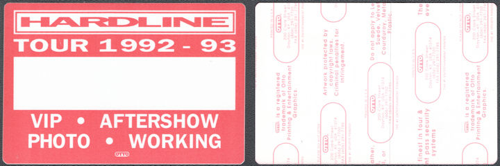 ##MUSICBP1528 - Hardline OTTO Cloth VIP Working Photo Pass from the 1992-93 Total Eclipse Tour