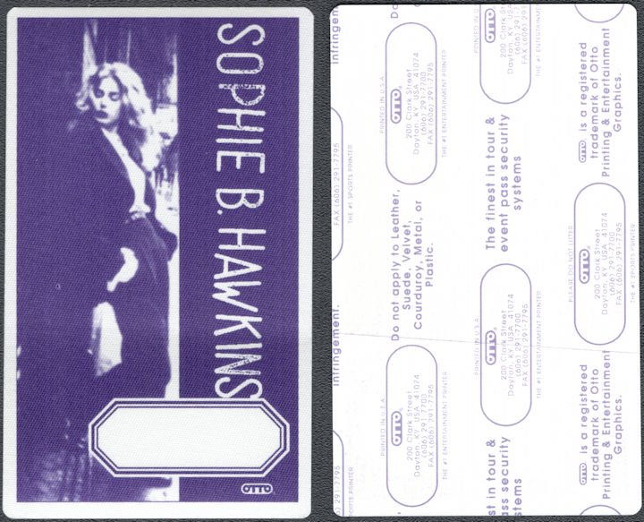 ##MUSICBP1809 - Rare Sophie B. Hawkins OTTO Cloth Backstage Pass for the 1992 Tongues and Tails Tour