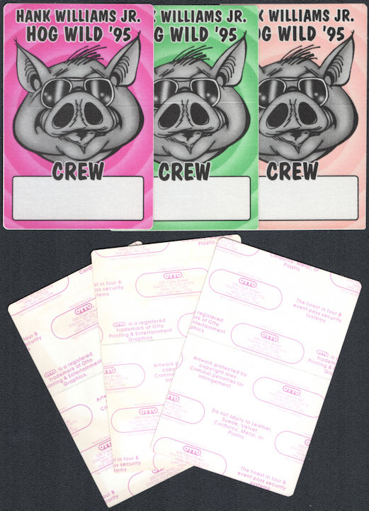 ##MUSICBP0775  - Group of 3 Different OTTO Cloth Crew Backstage Passes from the Hank Williams Jr. 1995 Hog Wild Tour