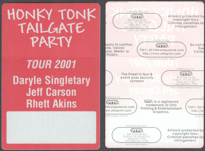 ##MUSICBP2196 - 2001 Honky Tonk Tailgate Party Tour OTTO Backstage Pass - Daryle Singletary, Jeff Carson, Rhett Akins