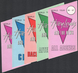 ##MUSICBP0563  - Group of 5 Different 1986/87 Huey Lewis and the News Trapezoidal OTTO Cloth Backstage Passes from the World Tour