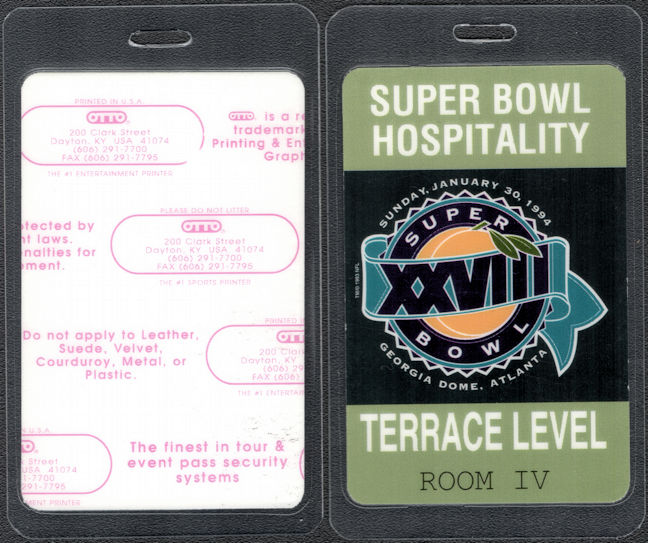 ##MUSICBP1490 - 1993 Super Bowl XXVlll (28) Laminated Super Bowl Hospitality Pass - Buffalo Bills vs. Dallas Cowboys