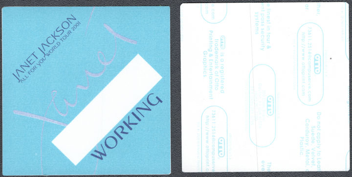##MUSICBP1540 - Janet Jackson OTTO Cloth Working Pass for the 2001 All for You World Tour