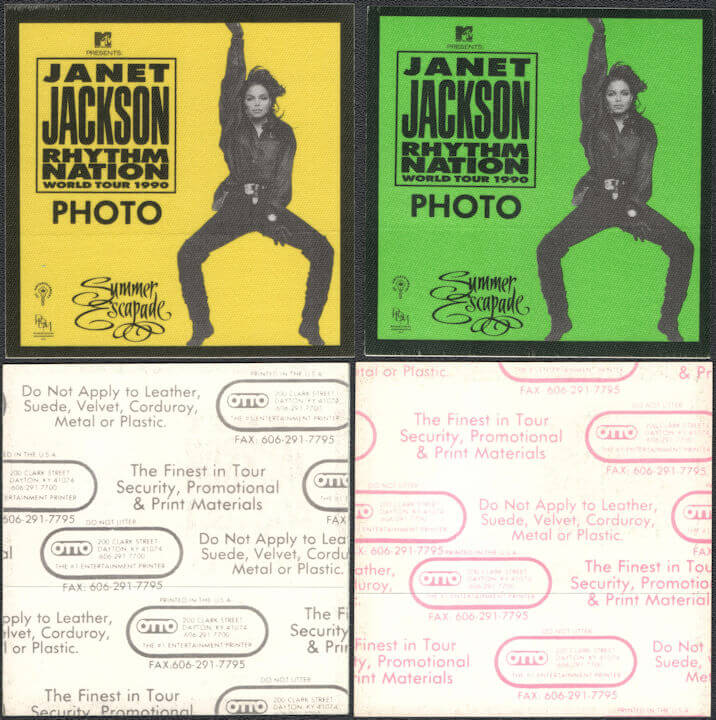 ##MUSICBP0866 - Pair of 2 Different Colored Uncommon OTTO Cloth Janet Jackson Backstage Photo Passes from the Rhythm Nation Tour