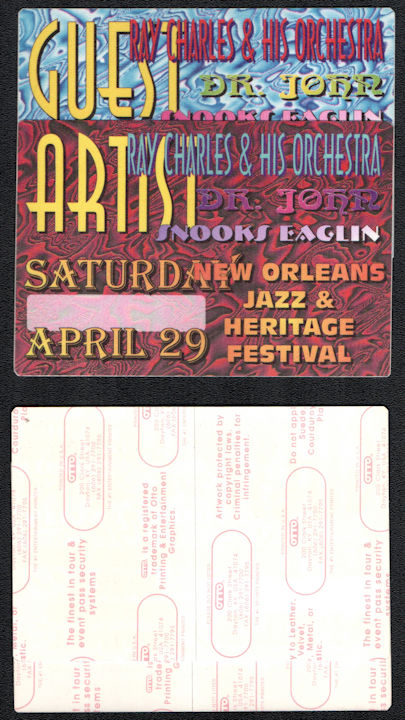 ##MUSICBP1159 - Pair of Two Different 1995 Jazz  and Heritage Festival OTTO Cloth Backstage Passes - Ray Charles & His Orchestra, Dr. John, and Snooks Eaglin