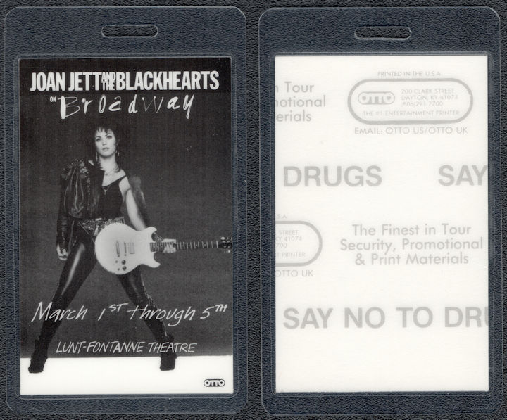 ##MUSICBP1847 - Super Rare Joan Jett and the Blackhearts OTTO Laminated Event Pass from the 1989 Lunt-Fontanne Theatre