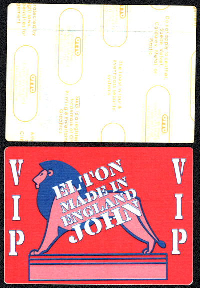 ##MUSICBP0554  - 1995 Elton John OTTO Cloth Backstage VIP Pass with a Standing Lion from the Made in England Tour