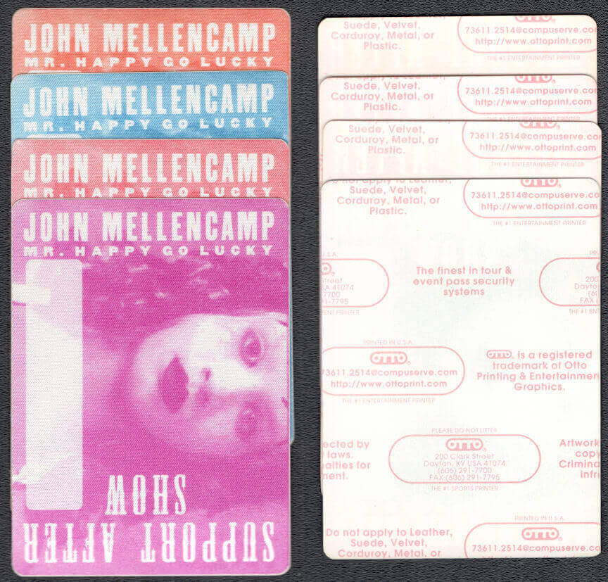 ##MUSICBP1288 - 4 Different John Mellencamp OTTO Cloth Support/After Show Backstage Passes from the 1996 "Mr. Happy Go Lucky" Tour