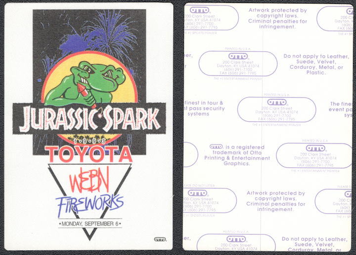 ##MUSICBP1133 - 1993 Toyota WEBN Cincinnati Fireworks Jurassic Spark OTTO Cloth Pass