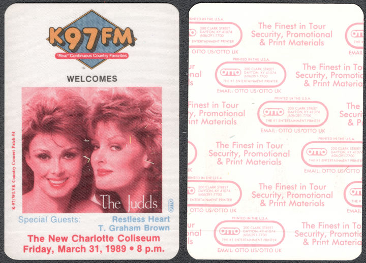 ##MUSICBP1349  - The Judds Cloth OTTO Radio Pass from the 1989 Concert at The New Charlotte Coliseum - Naomi Judd