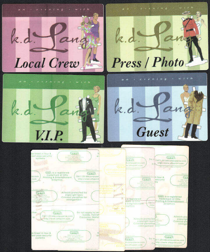##MUSICBP0870 - Group of 4 Rare K. D. Lang OTTO Cloth Backstage Passes with Paper Doll Cutouts - Gay Interest