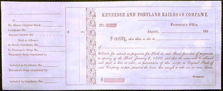 #ZZStock087 - Very Old The Kennebec and Portland Railroad Company Stock Receipt