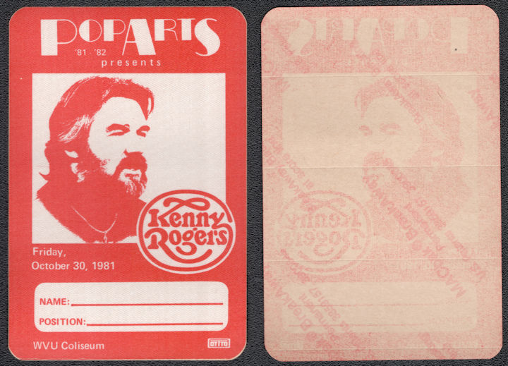 ##MUSICBP1222  - Kenny Rogers OTTO Cloth Backstage Pass from the 1981 Concert at WVU Coliseum