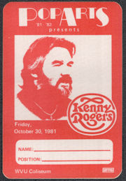 ##MUSICBP1222  - Kenny Rogers OTTO Cloth Backstage Pass from the 1981 Concert at WVU Coliseum