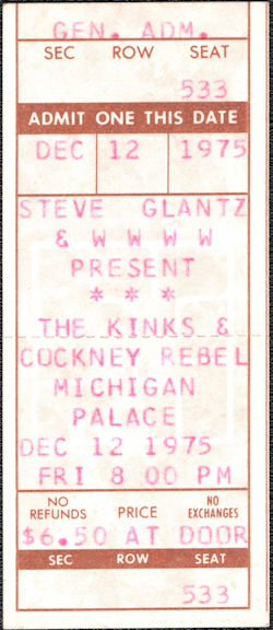 ##MUSICBPT0023 - Rare 1975 The Kinks & Cockney Rebel Ticket from the Michigan Palace