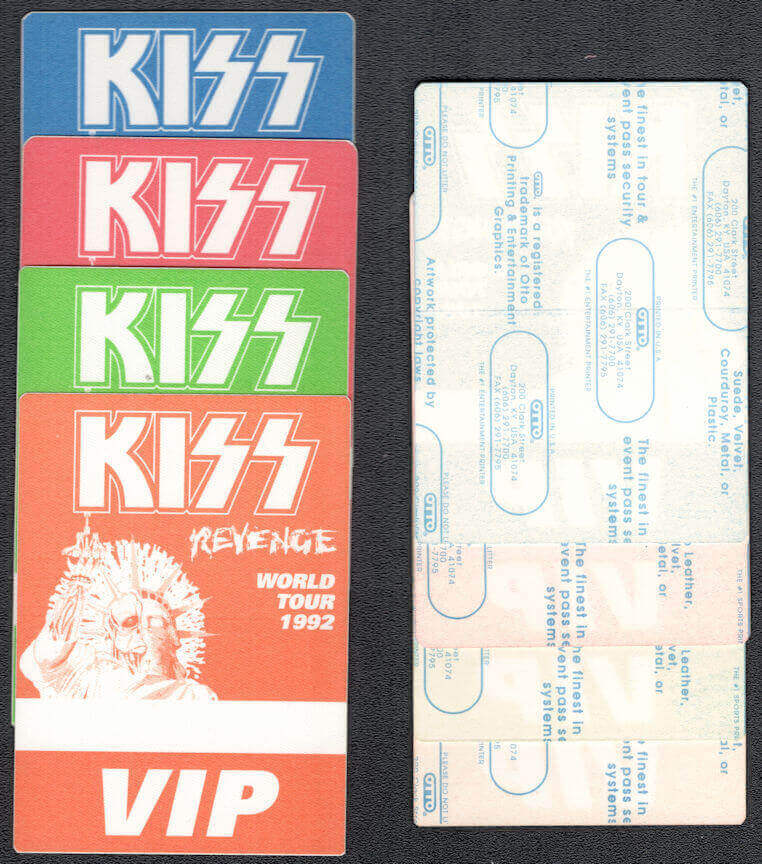 ##MUSICBP1293 - Group of Four Different KISS OTTO cloth Backstage VIP Passes from the 1992 Revenge Tour