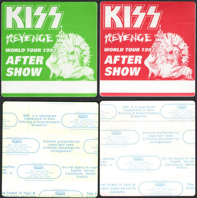 ##MUSICBP0394 - Two Different colored KISS OTTO Cloth After Show Backstage Passes from the 1992 Revenge Tour