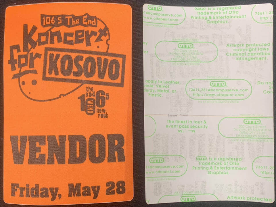 ##MUSICBP1582 - Koncert for Kosovo OTTO Cloth Vendor Pass from 1999 - Jimmy Eat World, Smashmouth, Ben Folds Five
