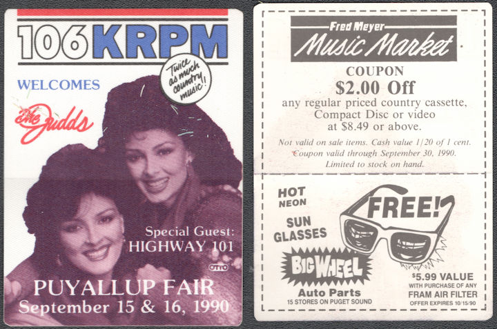 ##MUSICBP1348  - The Judds Cloth OTTO Radio Pass from the 1990 Concert at the Puyallup Fair - Naomi Judd