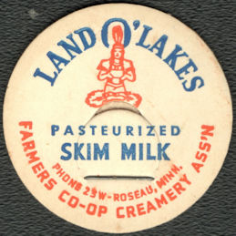 #DC233 - Rare Land O' Lakes Skim Milk Bottle Cap - Indian Pictured - Roseau, MN