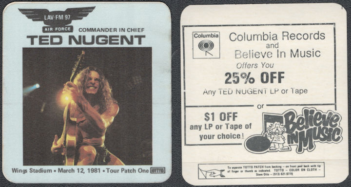 ##MUSICBP1987 - Ted Nugent OTTO Cloth Radio Pass from the 1981 Wildlife Tour Show in Grand Rapids