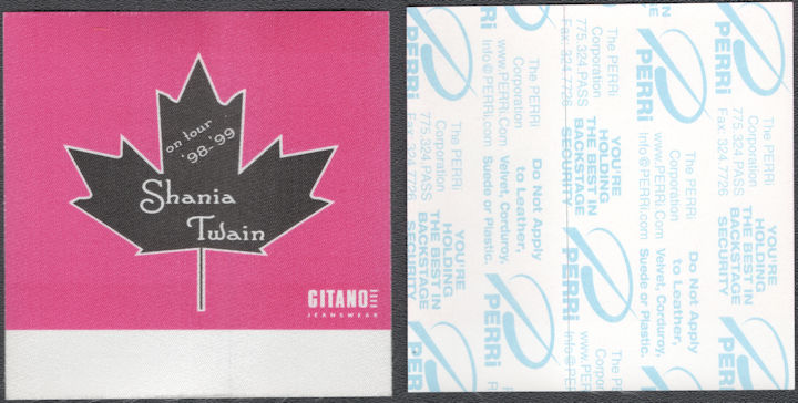 ##MUSICBP1905 - Shania Twain Cloth PERRi Backstage Pass from the 1998/99 Tour