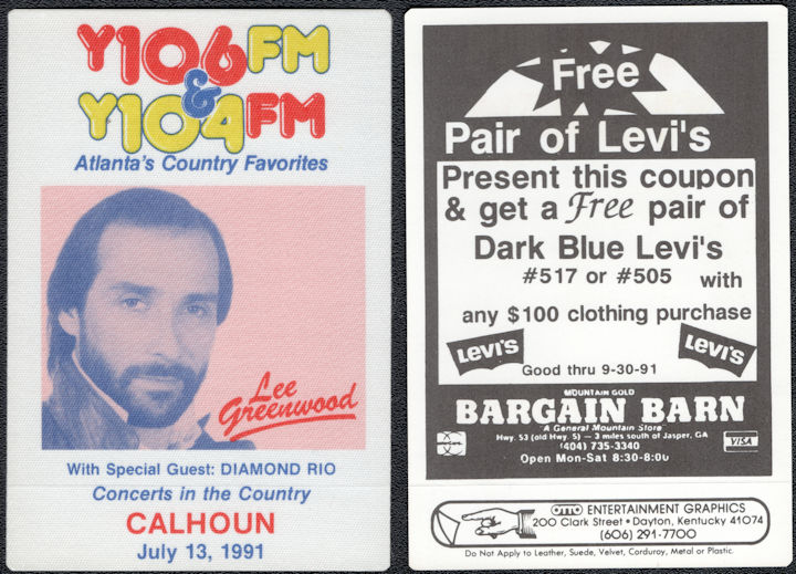 ##MUSICBP1845 - Lee Greenwood OTTO Cloth Radio Pass from the 1991 When You're a Boy Tour