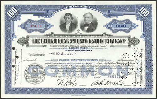 #ZZStock031 - Stock Certificate from the Lehigh Coal and Navigation Company