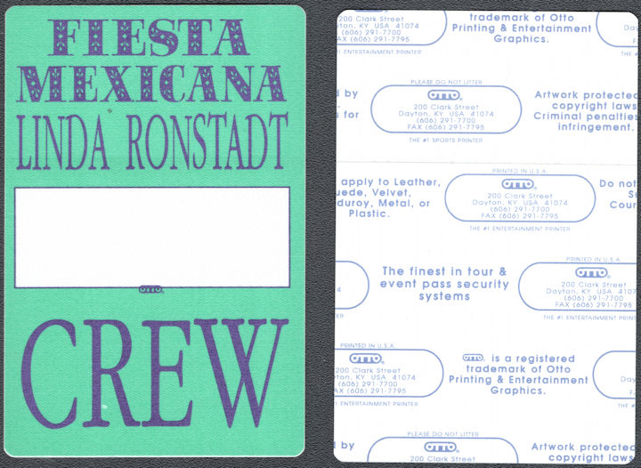 ##MUSICBP1589 - Linda Ronstadt OTTO Cloth Crew Backstage Pass from the 1992 Fiesta Mexicana Tour