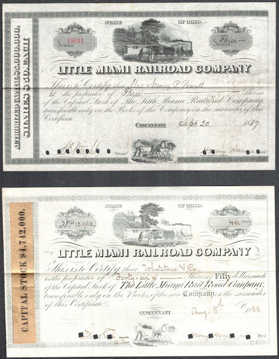 #ZZCE093 - Two Different Very Old Little Miami Railroad Stock Certificates