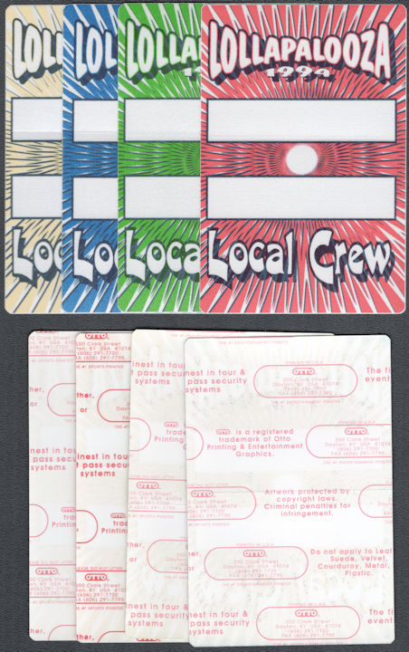 ##MUSICBP1930 - Set of 4 Different 1994 Lollapalooza OTTO Cloth Local Crew Passes - Smashing Pumpkins, Beastie Boys, Green Day