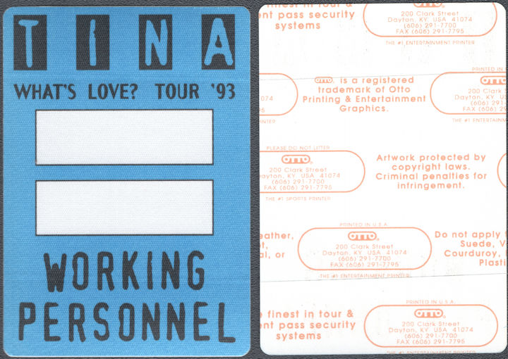 ##MUSICBP1733 - Tina Turner OTTO Cloth Working Personnel Pass from the 1993 What's Love? Tour 