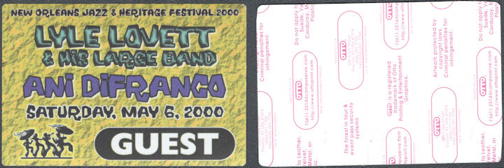 ##MUSICBP1715 - Lyle Lovett & His Large Band OTTO Cloth Guest Pass from the 2000 New Orleans Jazz & Heritage Festival