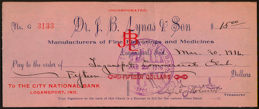 #ZZZ112 - 1916 Dr. J. B. Lynas & Son Fine Flavorings and Medicines Check