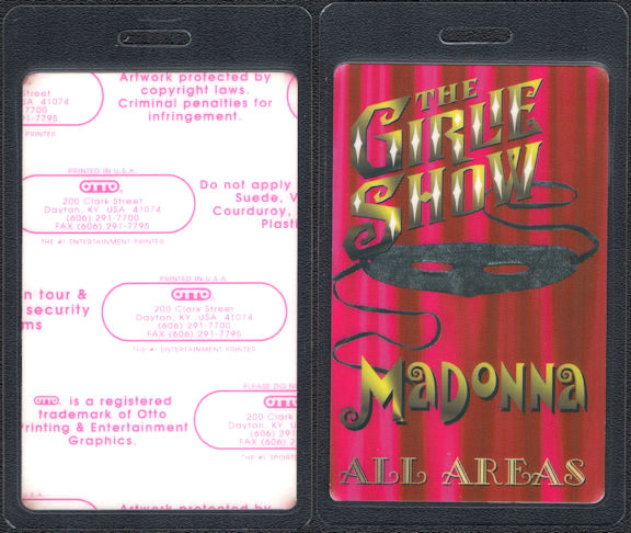 ##MUSICBP0847  - Madonna OTTO Laminated All Areas Backstage Pass from the 1993 The Girlie Show Tour - Pink Version