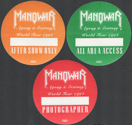 ##MUSICBP0891 - 3 Different Rare Manowar OTTO Cloth Backstage Passes from the Agony & Ecstasy Tour
