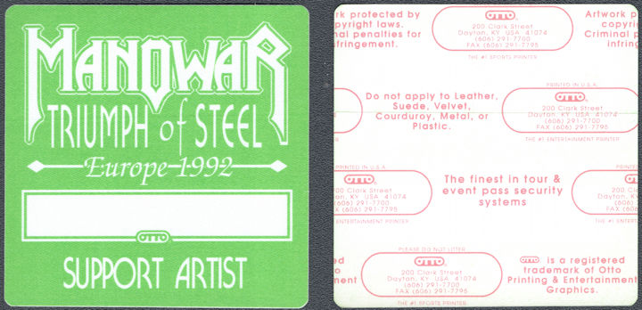 ##MUSICBP1639 - Rare Manowar OTTO Cloth Support Artist Pass from the 1992 Triumph of Steel Europe Tour