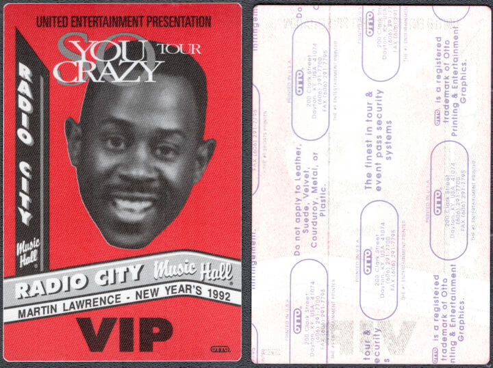 ##MUSICBP1780 - Martin Lawrence OTTO Cloth VIP Pass for the 1992 You So Crazy Tour - Radio City New Year's 