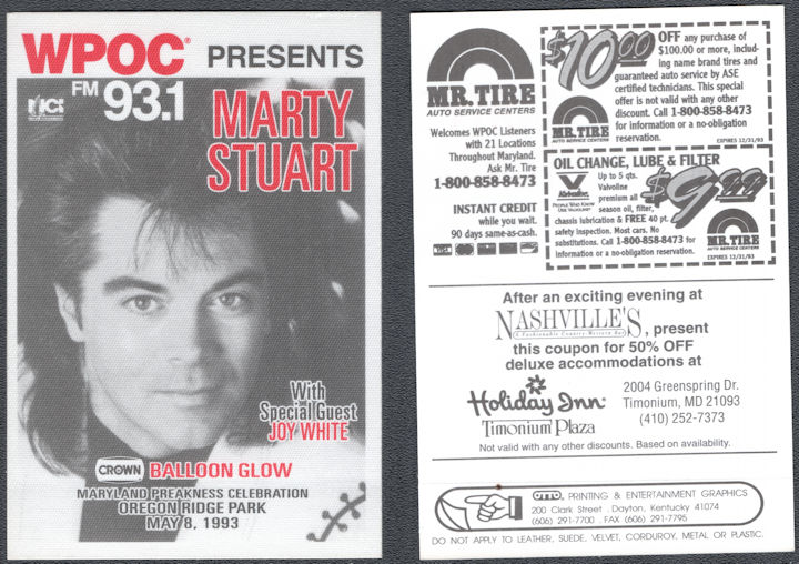 ##MUSICBP1602  - Marty Stuart OTTO Cloth Crown Royal Preakness Concert Series Radio Pass from 1993