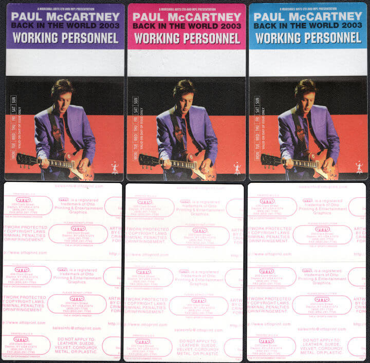 ##MUSICBP0706 - Group of 3 Different Colored Paul McCartney OTTO Cloth Backstage Pass from the 2003 Back in the World Tour