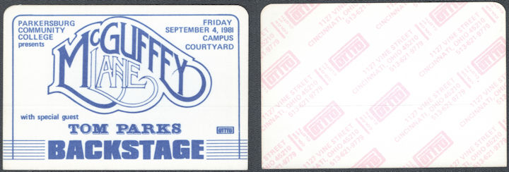 ##MUSICBP1599 - Very Rare Mcguffey Lane OTTO Cloth Backstage Pass from the 1981 Show at Parkersburg Community College