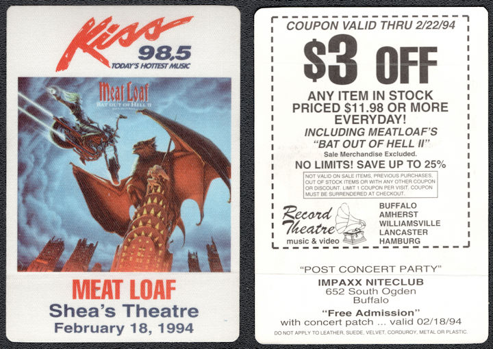 ##MUSICBP1092 -  Meat Loaf OTTO Cloth Radio Pass from the Bat out of Hell Tour in 1994 at Shea's Theatre