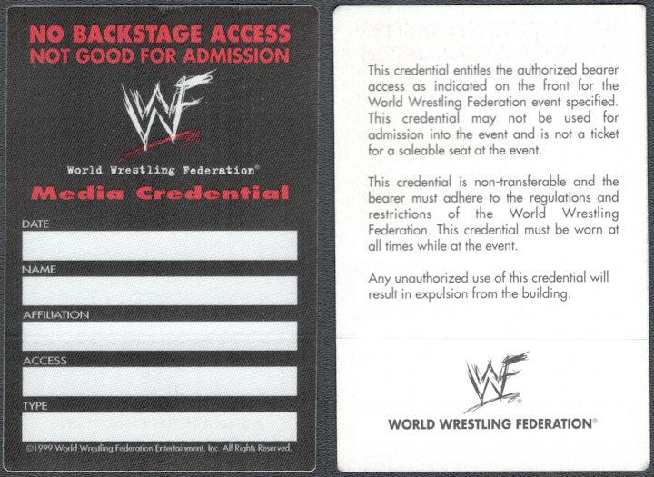 ##MUSICBP1565 - 1999 WWF OTTO Cloth Media Credential Pass