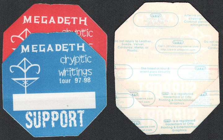 ##MUSICBP0988 - A Pair of Megadeth Cloth Support Pass from the 1997/98 Cryptic Writings Tour