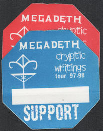 ##MUSICBP0988 - A Pair of Megadeth Cloth Support Pass from the 1997/98 Cryptic Writings Tour