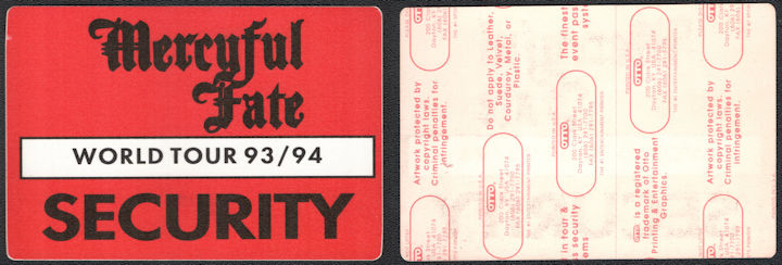 ##MUSICBP0996 - Mercyful Fate Cloth Security Pass from the 1993/94 In the Shadows World Tour