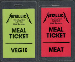 ##MUSICBPT0056 - Pair of Metallica OTTO Laminated Meal Tickets from the 1988-89 Damaged Justice Tour