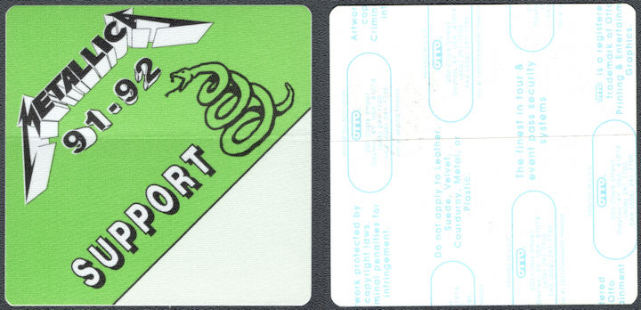 ##MUSICBP1608  - Metallica OTTO Cloth Support Pass from the 1991-92 Wherever We May Roam Tour